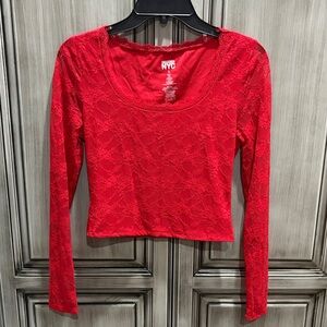 Madden NYC Red Lace Long-Sleeve Crop Top